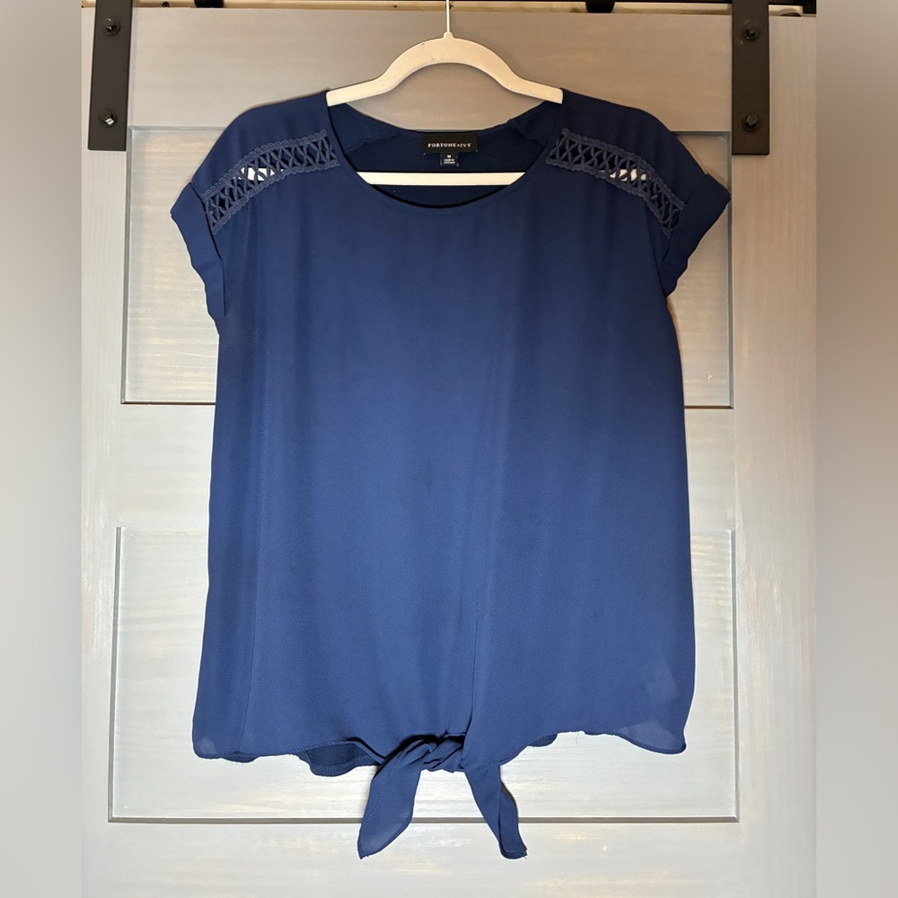 Fortune+Ivy Blue Cap Sleeve Tie Front Blouse